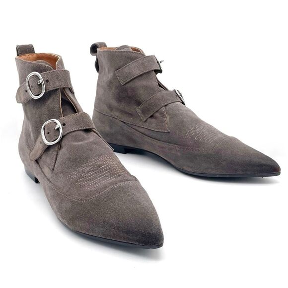 Allsaints Viv Pointed Toe Gray Suede Western Double Strap Bootie Size 40 | US 9 - Picture 2 of 16